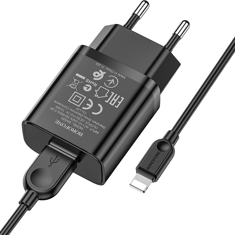 СЗУ 2в1 BOROFONE BA52A, Apple 8 pin, 2.1А, 1 USB, 5V, 1.0 м, черный