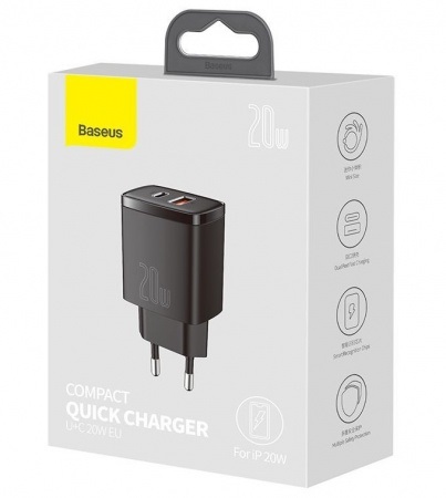 АП сетевой Baseus CCXJ-B01 20W, 3.0А, 1 USB/1 Type-C, 5V/9V/12V, пластик, черный