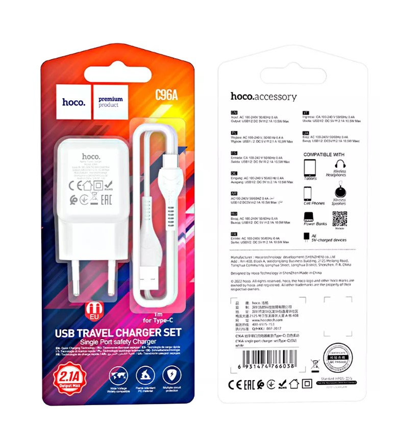 СЗУ 2в1 hoco C96A, Type-C, 2.1А, 1 USB, 5V, 1.0 м, белый