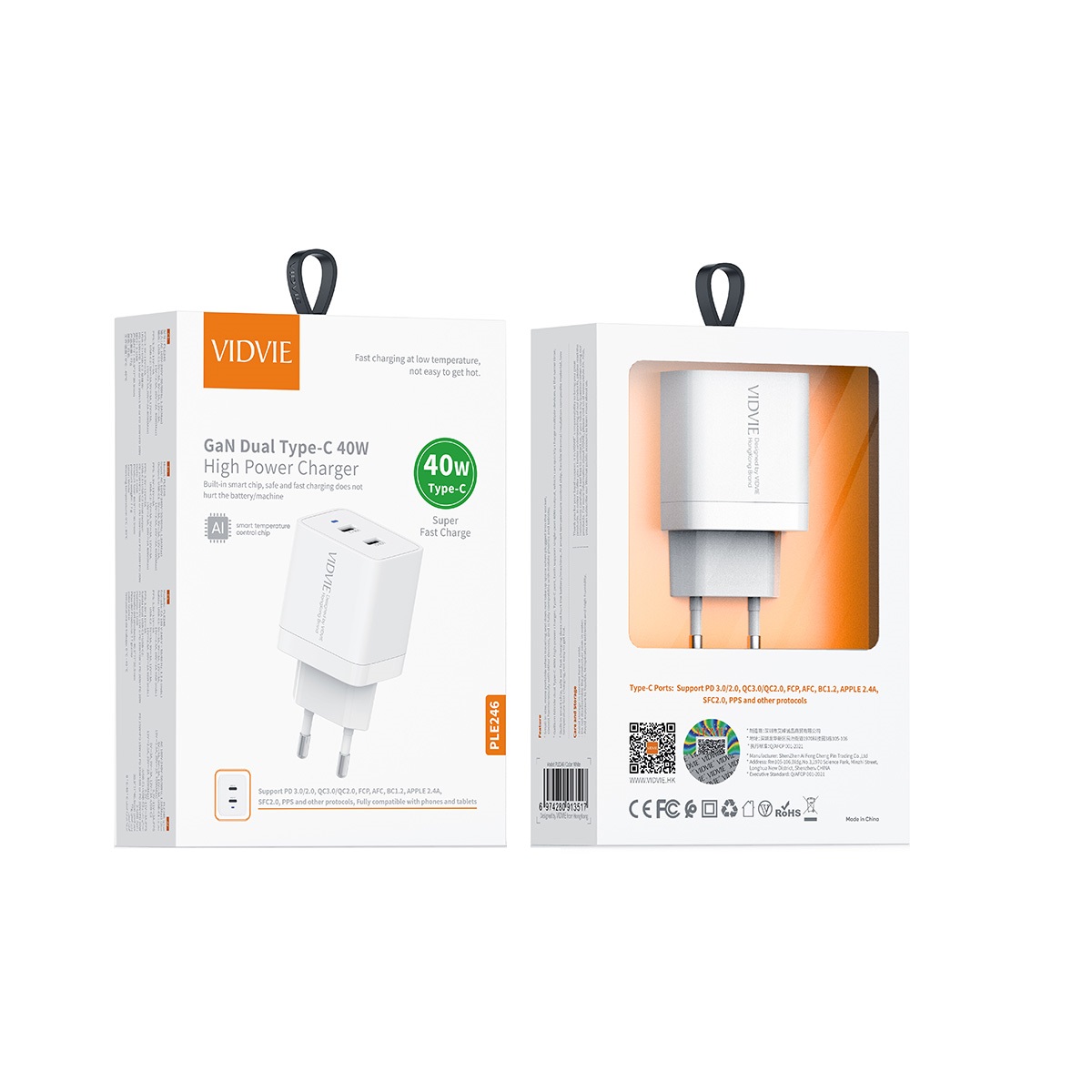 АП сетевой  Vidvie PLE246, PD 40W, 2 Type-C, пластик, белый