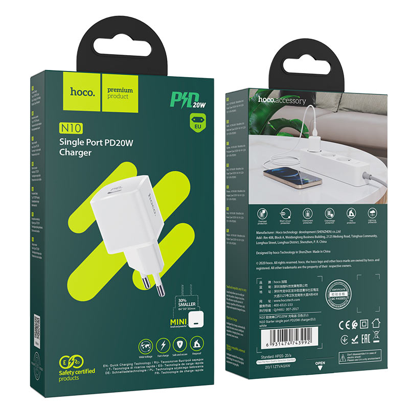 АП сетевой hoco N10, 3.0А, 1 Type-C, 20 V, пластик, белый