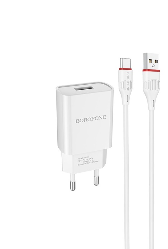 СЗУ 2в1 BOROFONE BA20A, Type-C, 2.1А, 1 USB, 5V, 1.0 м, белый