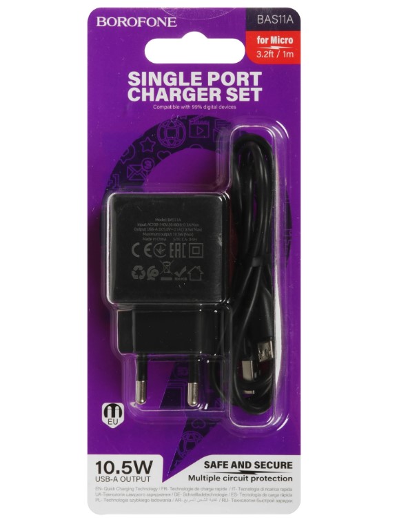 СЗУ 2в1 Borofone BAS11A, micro, 2.1А, 1 USB, 10.5W, 1.0 м, черный