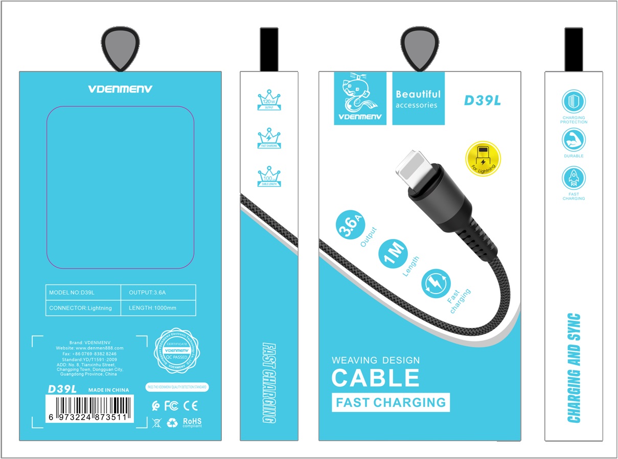 USB-кабель Denmen D39L, Apple 8 pin, нейлон, 3,6А, 1.0 м, круглый, серый