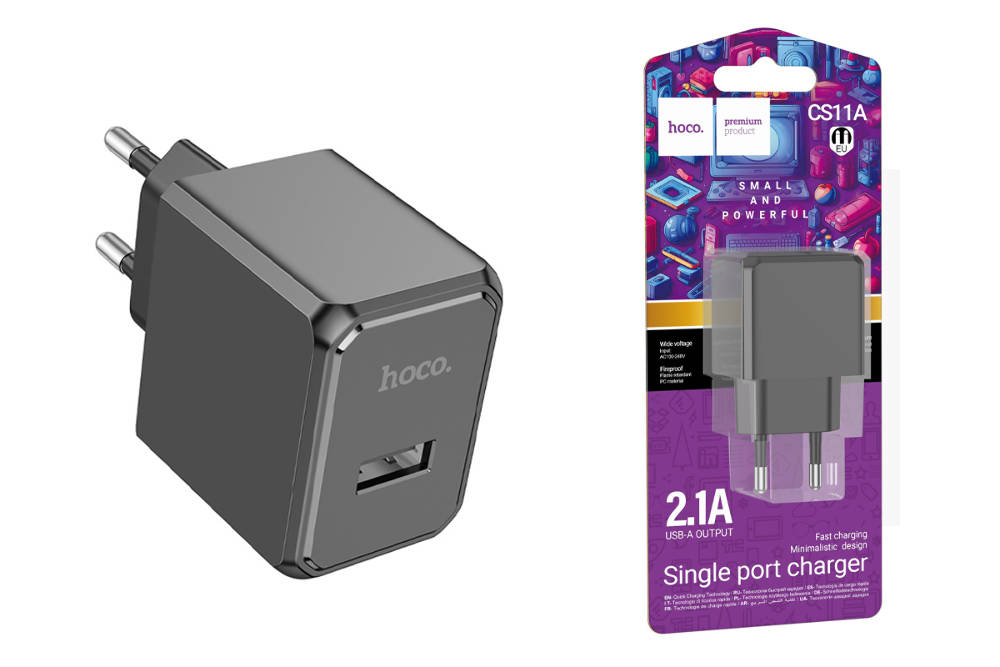 АП сетевой hoco CS11A, 2.1А, 1 USB, 5V, пластик, черный
