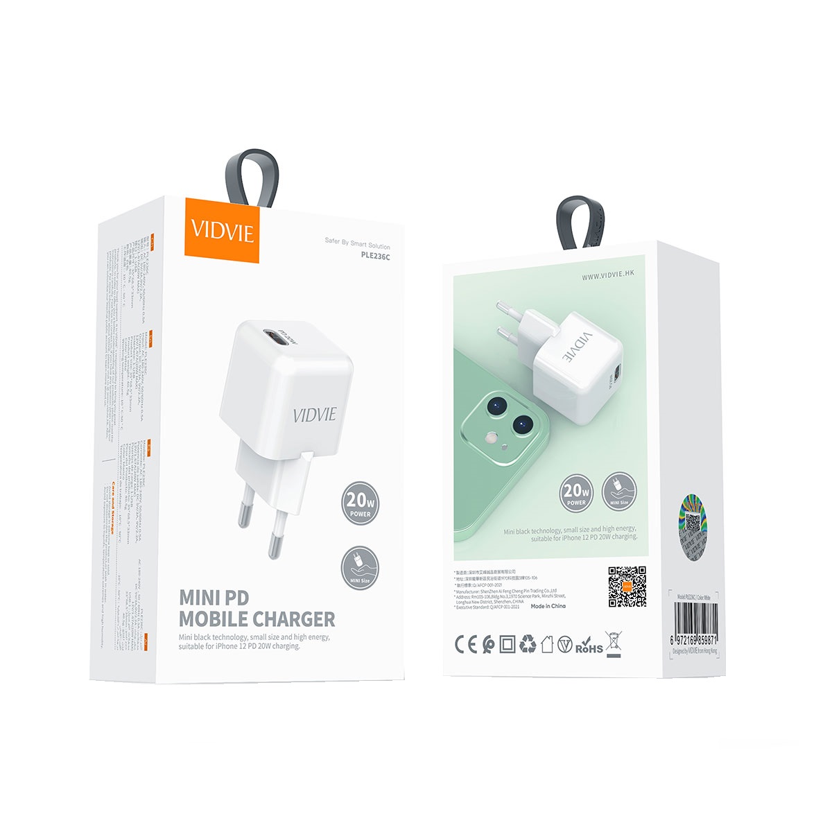 АП сетевой mini  Vidvie PLE236C, PD 20W, 1 Type-C, пластик, белый