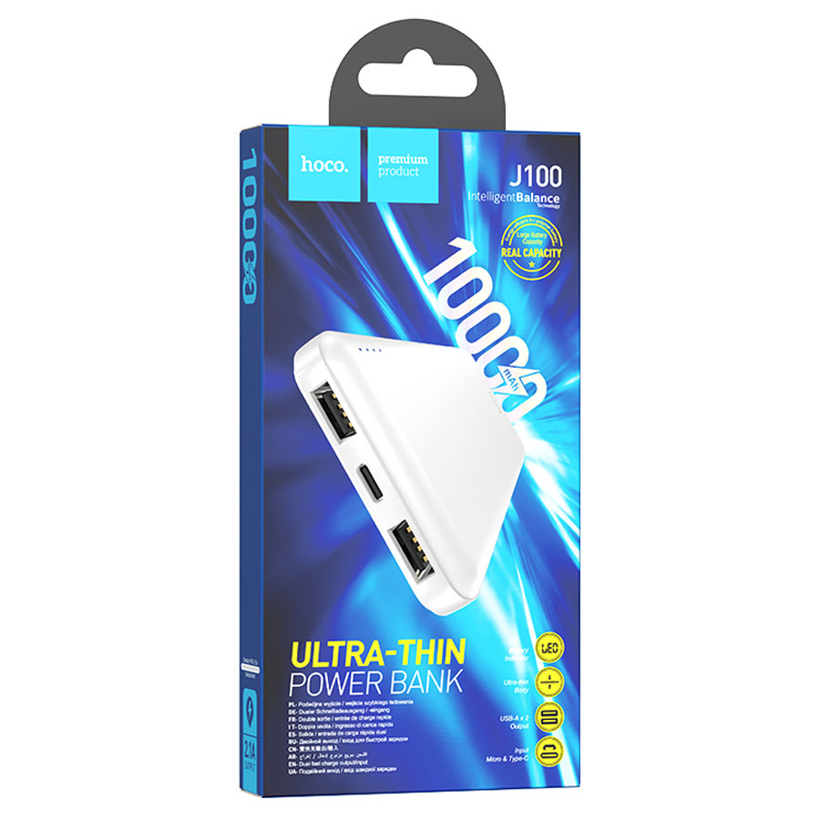 Powerbank hoco J100, 10000 мАч, 2.0A, 2 USB, пластик, зарядка через microUSB/Type-C/2USB, черный
