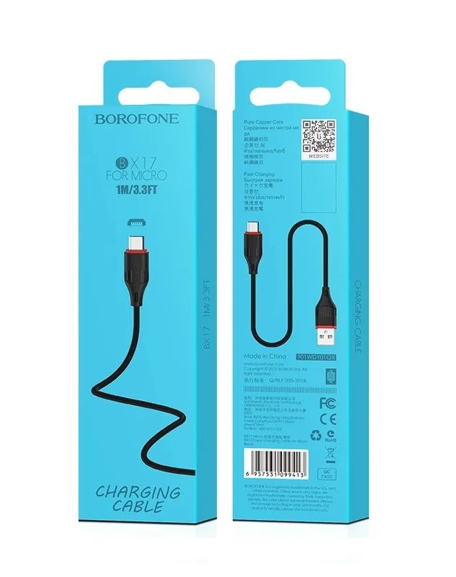 USB-кабель BOROFONE BX17, micro USB, пластик, 1.0 м, круглый, черный