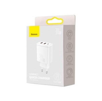 АП сетевой Baseus CCXJ-E02 30W, 3.0А, 2 USB/1 Type-C, 5V/9V/12V, пластик, белый
