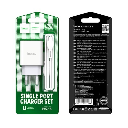 СЗУ 2в1 hoco C81A, Type-C, 2.1А, 1 USB, 5V, 1.0 м, белый