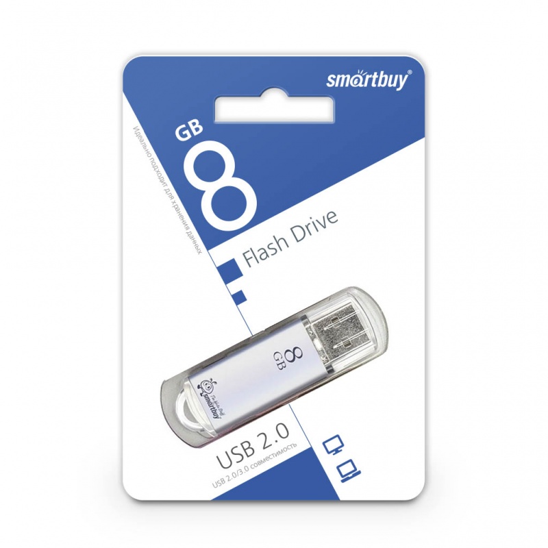 USB флэш-накопитель smartbuy 8Gb V-Cut SB8GBVC-S, USB 2.0, пластик, серебристый