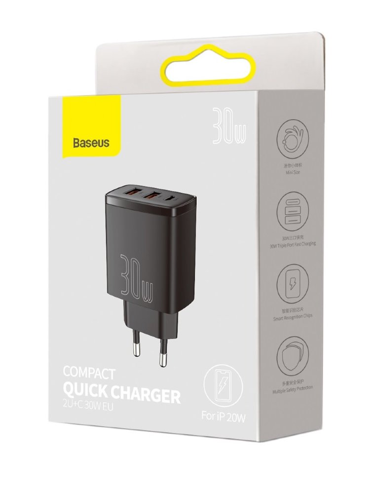 АП сетевой Baseus CCXJ-E01 30W, 3.0А, 2 USB/1 Type-C, 5V/9V/12V, пластик, черный