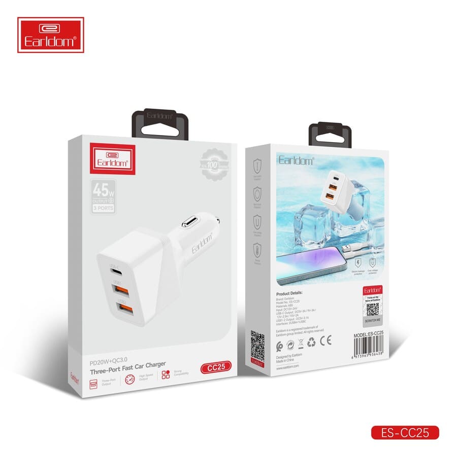 АП авто Earldomi ES-CC25, PD 20 W, QC 3.0, 3.0A, 2 USB/Type-C, белый