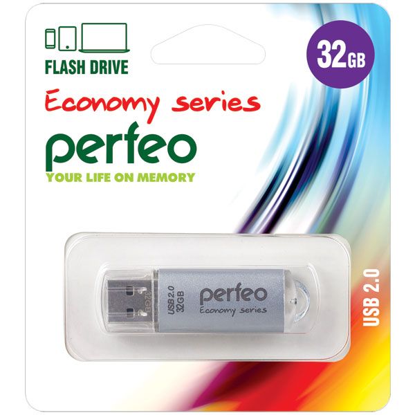 USB флэш-накопитель Perfeo 32Gb PF-E01-S032ES, USB 2.0, пластик, серебристый