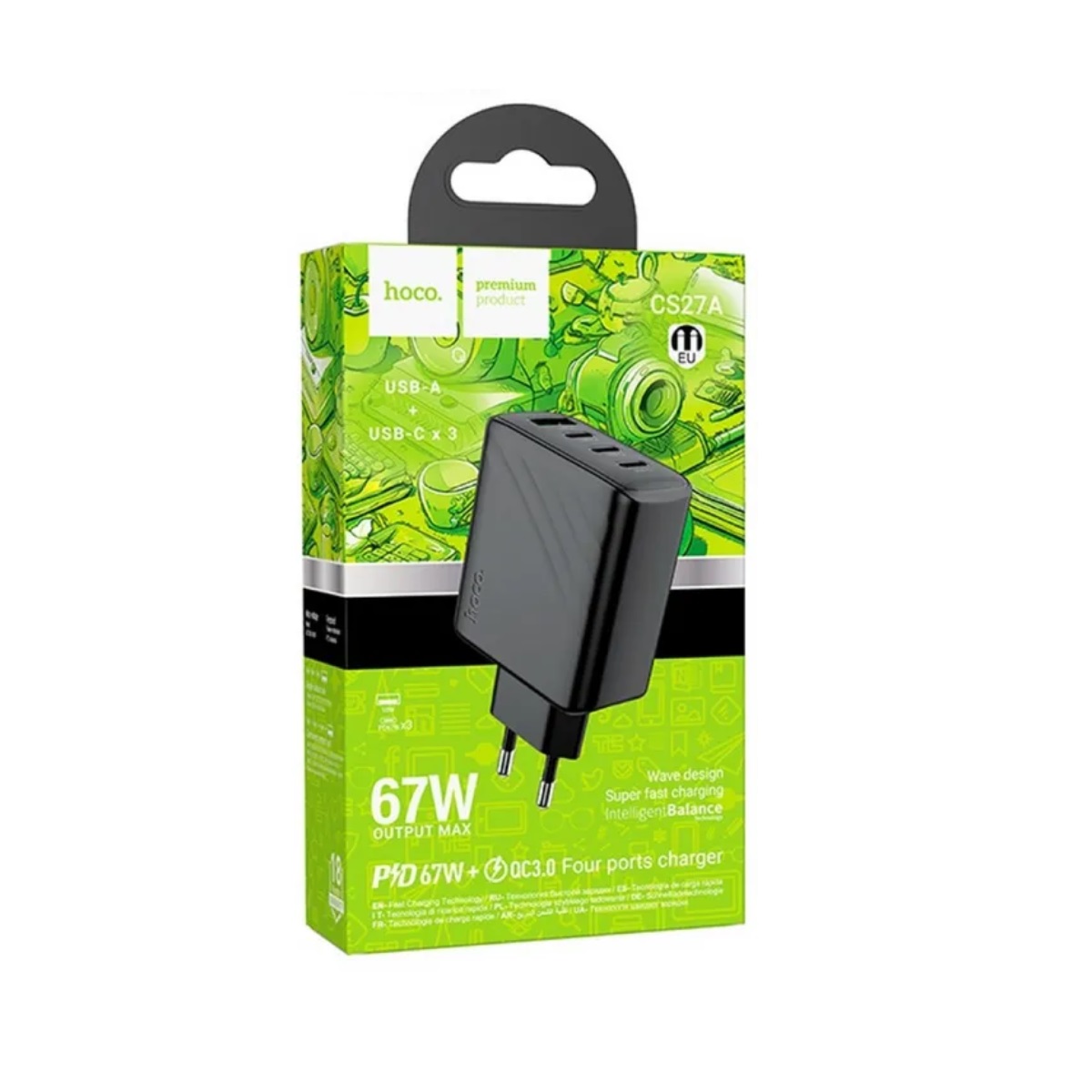 АП сетевой hoco CS27A, PD 3.0А, 1 USB/3Type-C, 67W, пластик, черный
