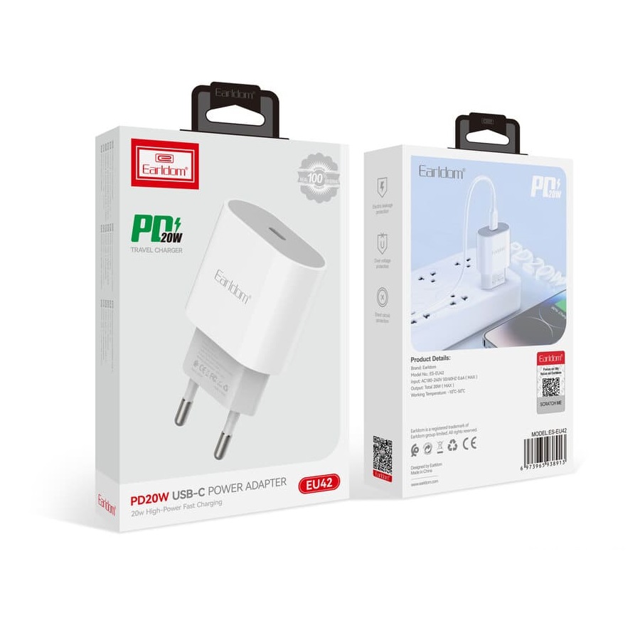 СЗУ 2в1 Earldom ES-U42, Type-C/Type-C, PD, 1 Type-C, 20W, 1.0 м, белый