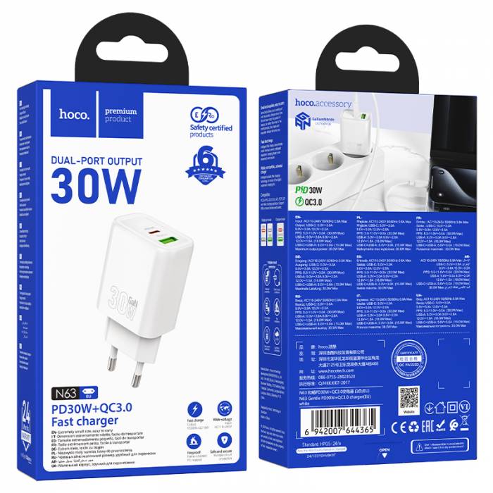 АП сетевой hoco N63, 3.0А, 1 Type-C/1USB, 30W, пластик, белый
