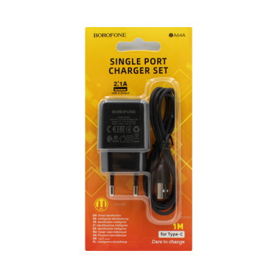 СЗУ 2в1 BOROFONE BA64A, Type-C, 2.1А, 1 USB, 5.2V, 1.0 м, черный