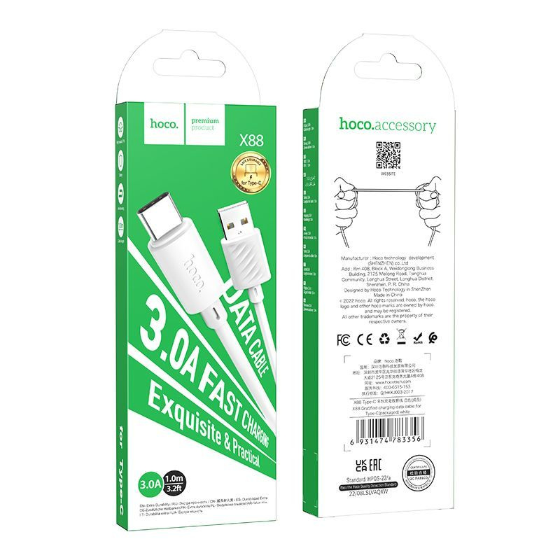 USB-кабель hoco X88, Type-C, силикон, 1.0 м, круглый, белый