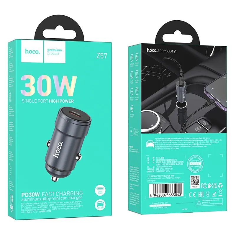 АП авто hoco Z57, 3.0A, 1Type-C, PD30W, пластик, серый