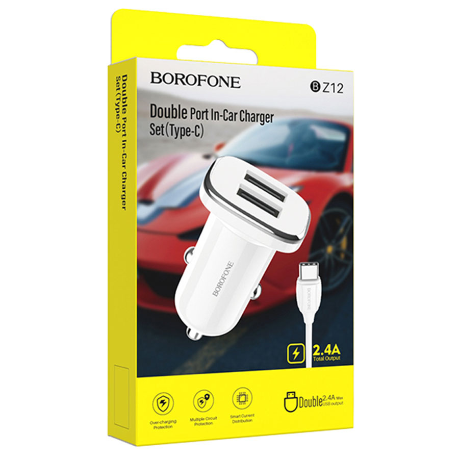 АЗУ 2в1 BOROFONE BZ12, Type-C, 2.4А, 2 USB, 5.1V, 1.0 м, белый