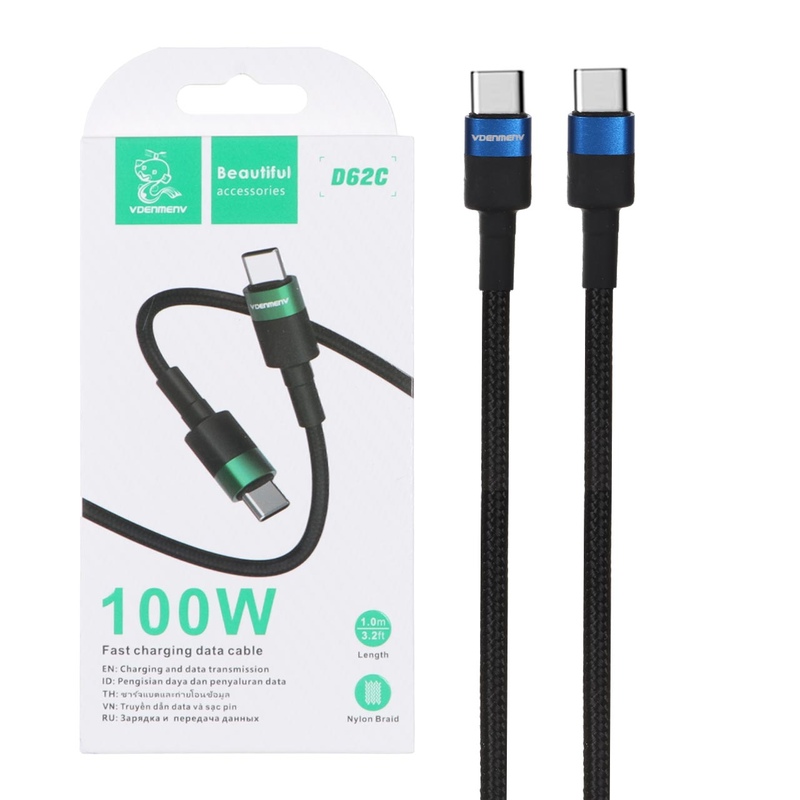 USB-кабель Denmen D62C, Type-C/Type-C, нейлон, 1.0 м, круглый, зеленый
