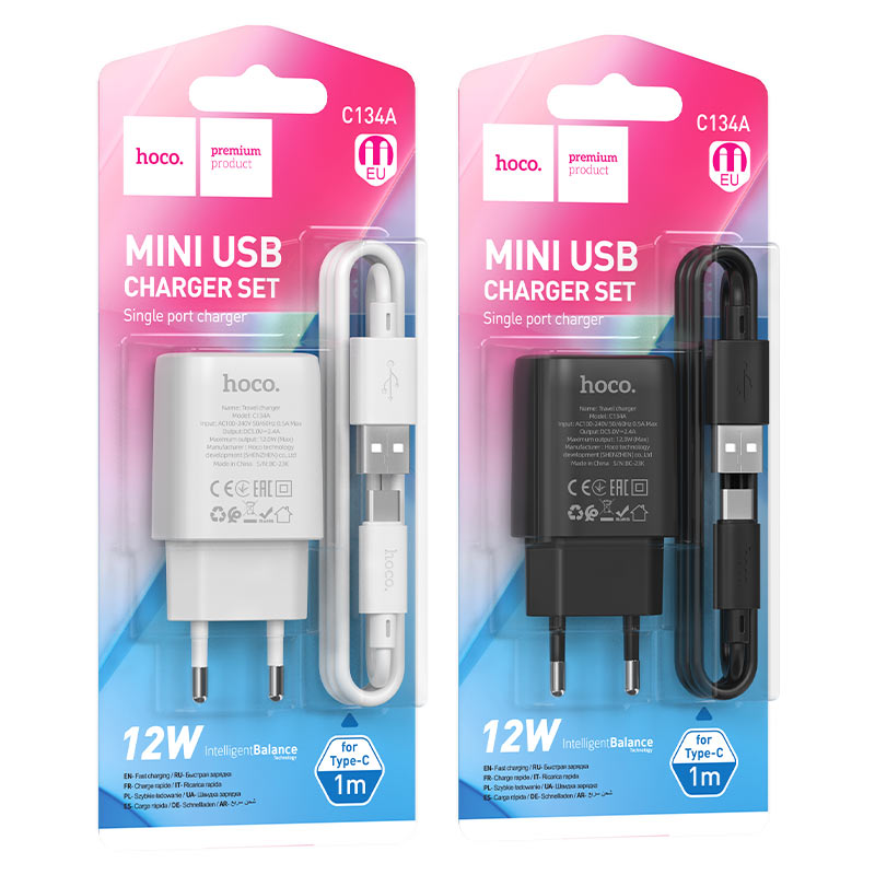 СЗУ 2в1 hoco C134A, Type-C, 2.4А, 1 USB, 5V, 1.0 м, черный