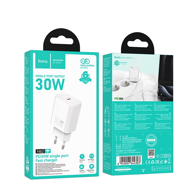 АП сетевой hoco N62, 3.0А, 1 Type-C, 30W, пластик, белый