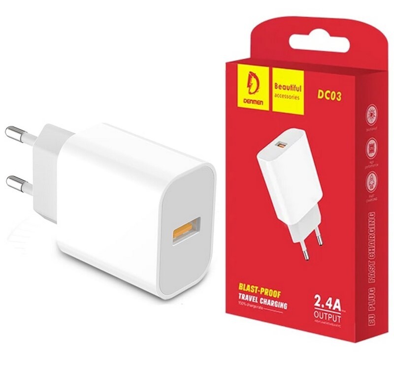 АП сетевой Denmen DC03, 2.4А, 1 USB, 5V, пластик, белый