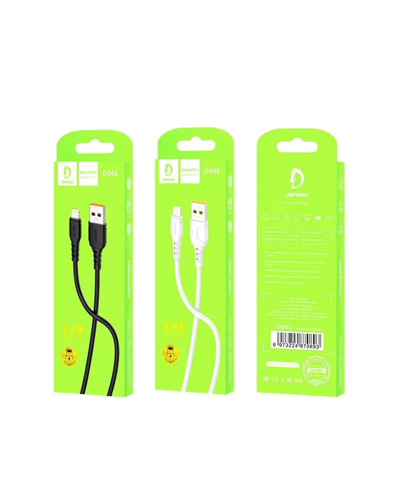 USB-кабель Denmen D06L, Apple 8 pin, пластик, 1.0 м, круглый, белый