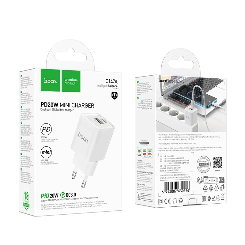 АП сетевой hoco C147A, 3.0А, 1Type-C/1 USB, 20W, пластик, белый