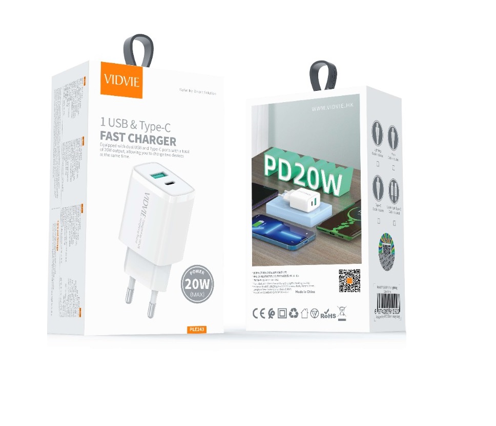 СЗУ 2в1 VIDVIE PLE243, Apple/Type-C, 20W, 1 USB/1 Type-C, 5V, 1.0 м, белое