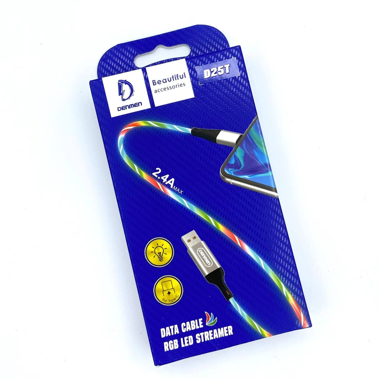 USB-кабель Denmen D25T, Type-C, силикон, 1.0 м, круглый, с подсветкой, розовый