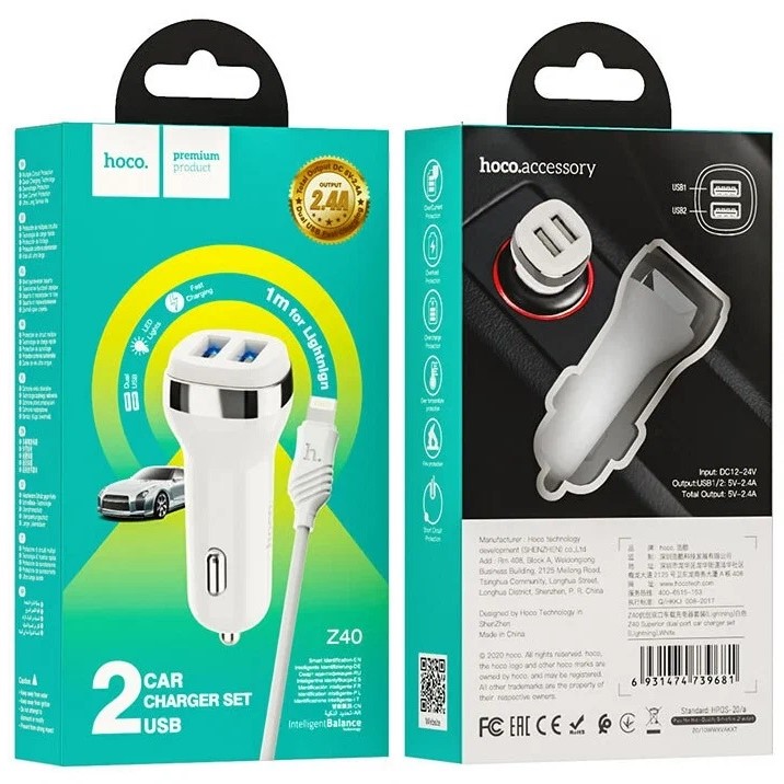 АЗУ 2в1 hoco Z40, Apple 8 pin, 2.4А, с подсветкой, 2 USB, 5V, 1.0 м, белый