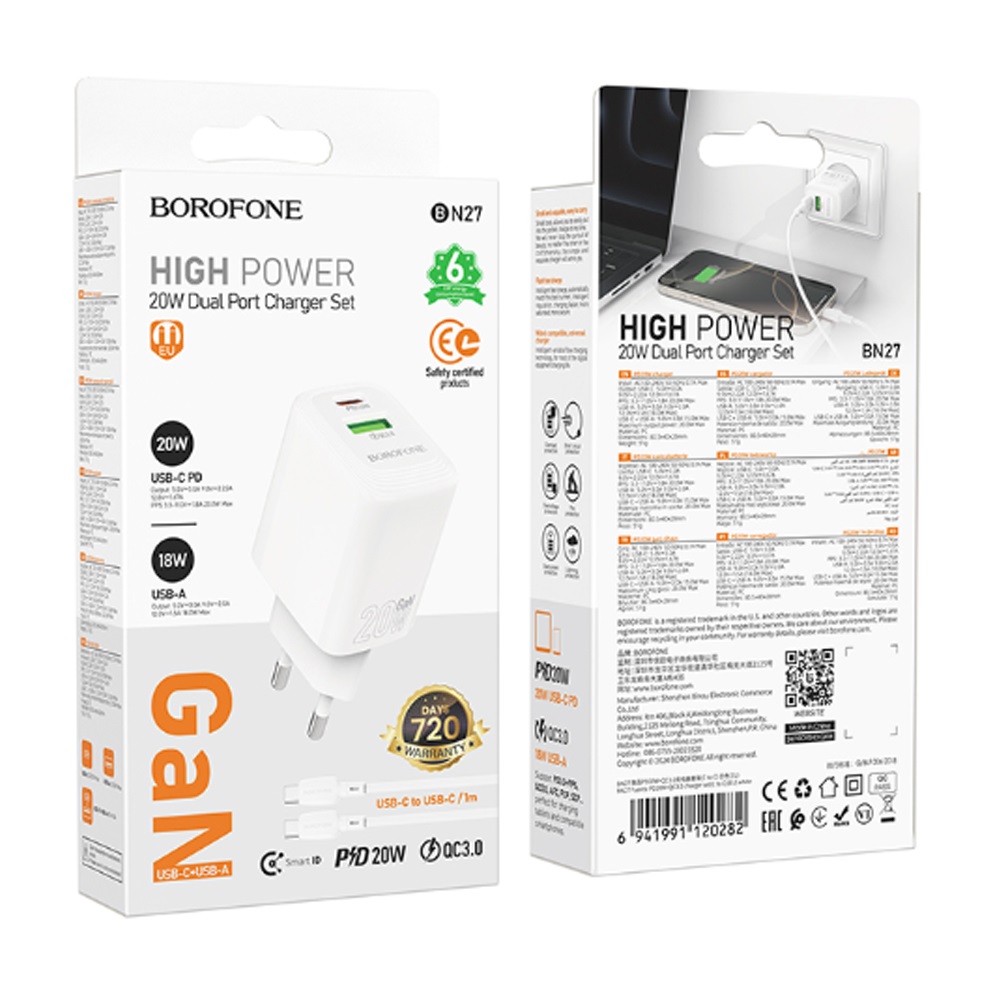 АП сетевой BOROFONE BN27, QC 3.0A, 1USB/1 Type-C, PD 20 W, пластик, белый
