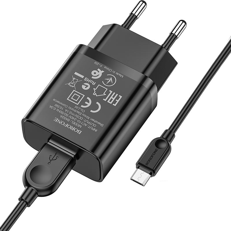 СЗУ 2в1 BOROFONE BA52A, micro USB, 2.1А, 1 USB, 5V, 1.0 м, черный