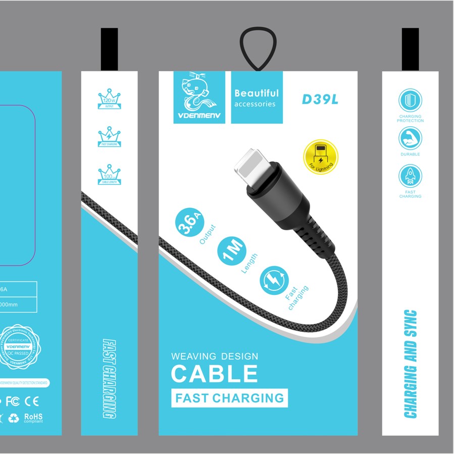 USB-кабель Denmen D39L, Apple 8 pin, нейлон, 3,6А, 1.0 м, круглый, черный