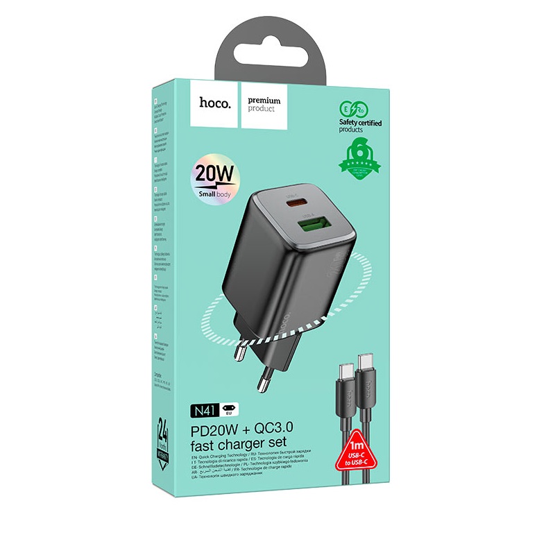 АП сетевой hoco N41, 3.0А, 1 Type-C/1 USB, 20W, пластик, черный