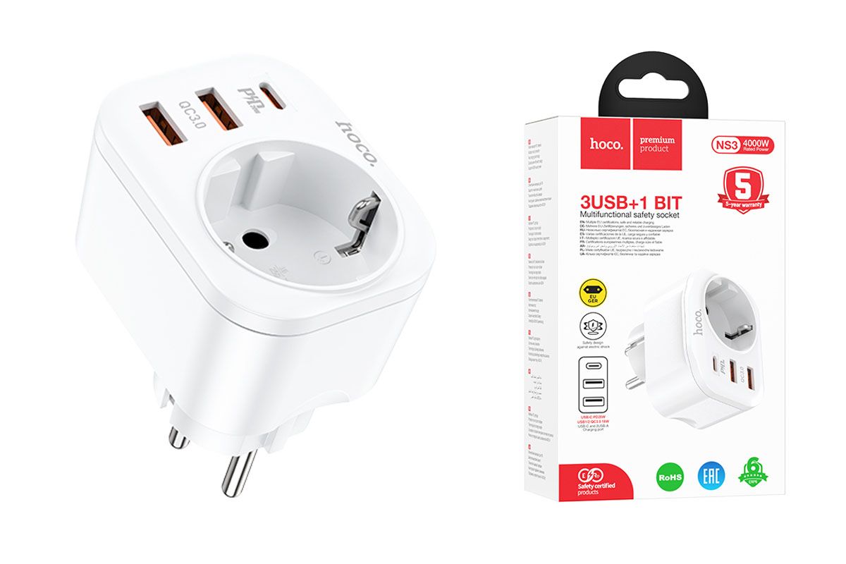 АП сетевой hoco NS3, 3.0А, 2 USB/1Type-C +1 розетка, пластик, белый
