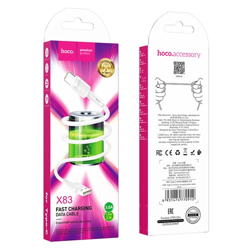 USB-кабель hoco X83, Type-C, силикон, 1.0 м, круглый, белый