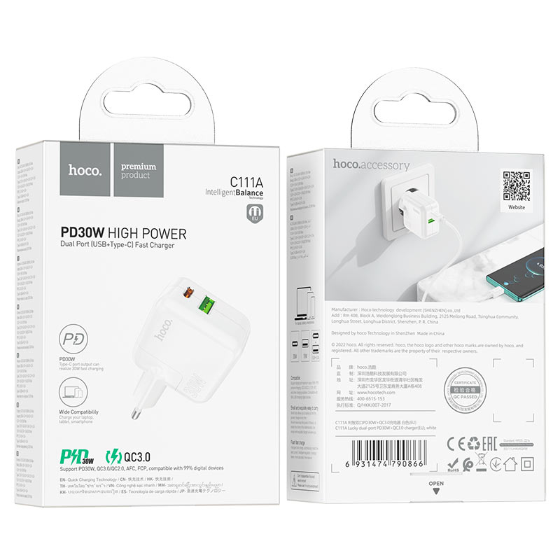 АП сетевой hoco C111A, 3.0А, 1 Type-C/1 USB, PD 30W, пластик, белый