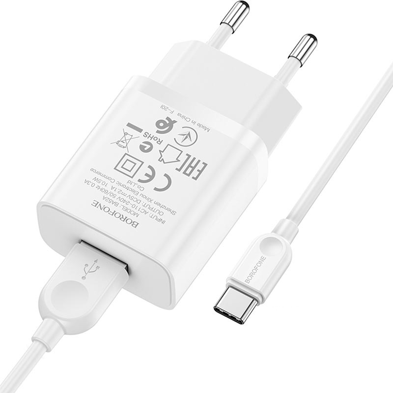СЗУ 2в1 BOROFONE BA52A, Type-C, 2.1А, 1 USB, 5V, 1.0 м, белый