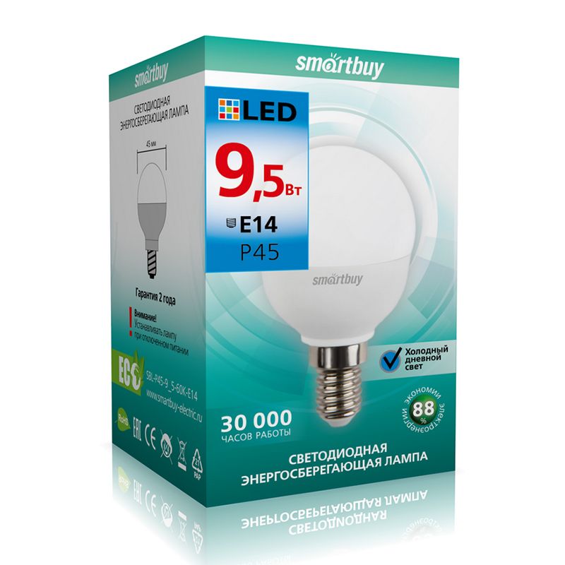 Светодиодная лампа smartbuy P45-9.5W/6000/E14