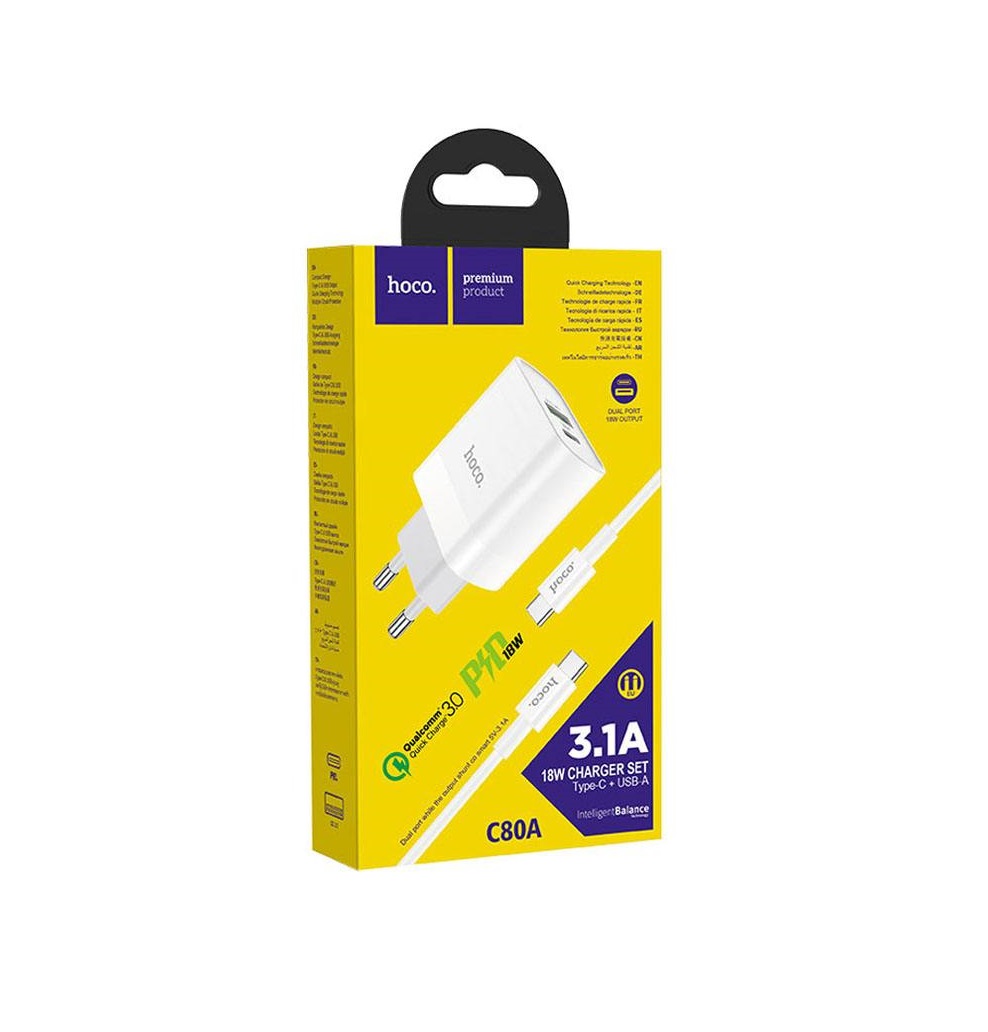 СЗУ 2в1 hoco C80A Plus, Apple-8 pin/Type-C, 3.0A, PD,1Type-C/1USB, 5V/9V/12V, 1.0 м, белое