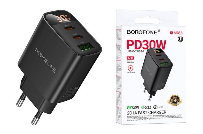 АП сетевой BOROFONE BA98A, 3.0A, 1USB/2 Type-C, PD 30W, с индикацией, пластик, черный