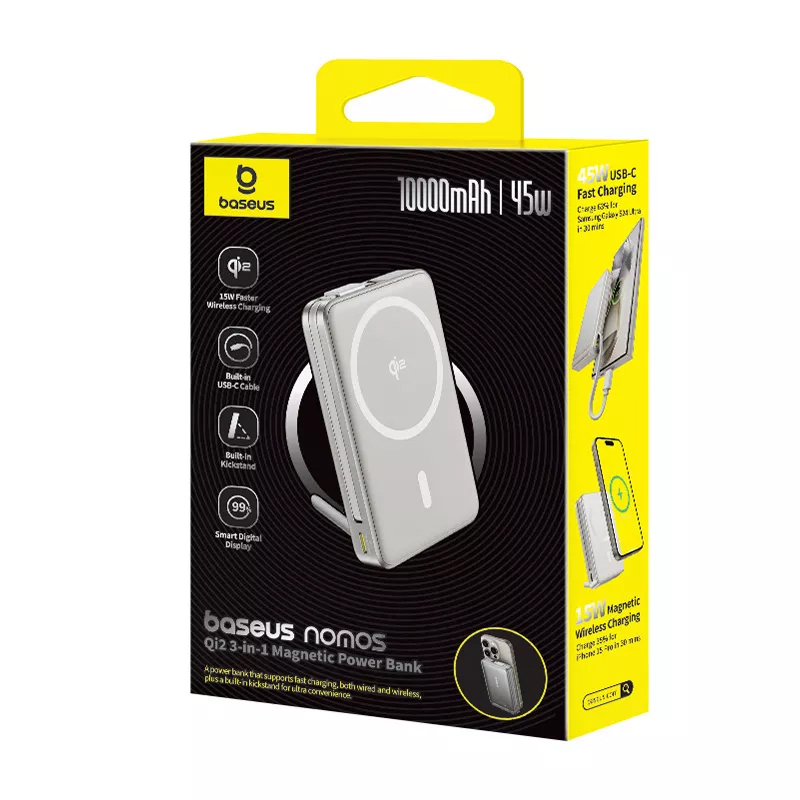 Powerbank Baseus Magnetic Nomos Qi2 P10078800843-00, 10000 мАч, 1 Type-C, 45W, БЗУ, пластик, серый