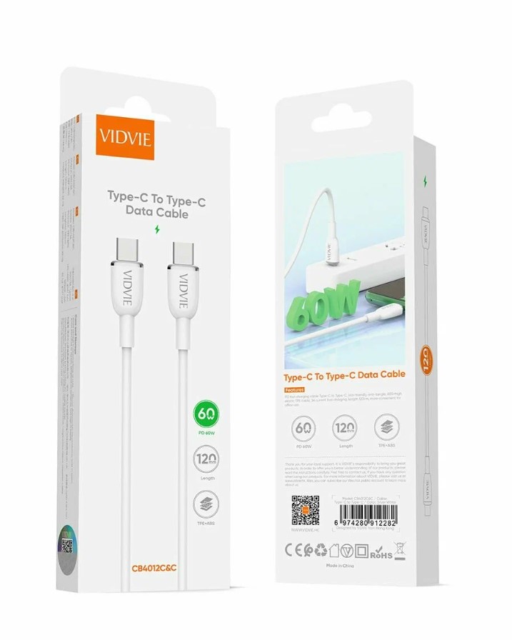 USB-кабель VIDVIE CB4012, Type-C-Type-C, силикон, 1.2 м, круглый, белый
