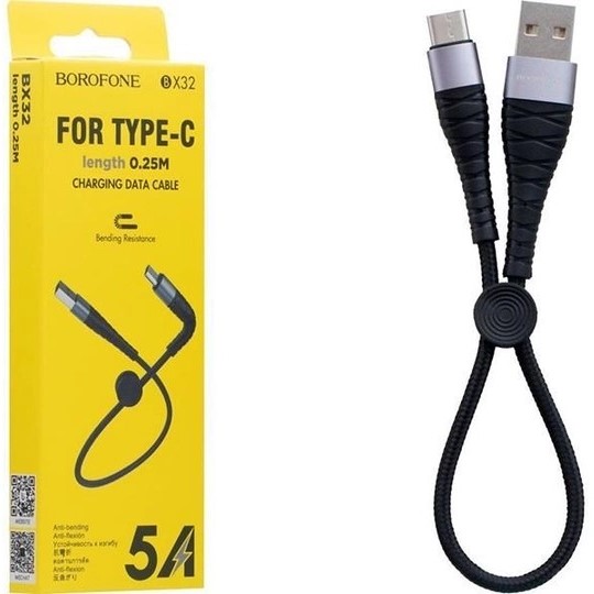 USB-кабель BOROFONE BX32, Type-C, нейлон, 0.25 м, круглый, мет. разъем, черный