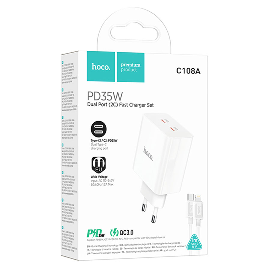СЗУ 2в1 hoco C108A, Apple-8 pin/Type-C, 3.0A, PD,2Type-C, 5V/9V/12V, 1.0 м, белое