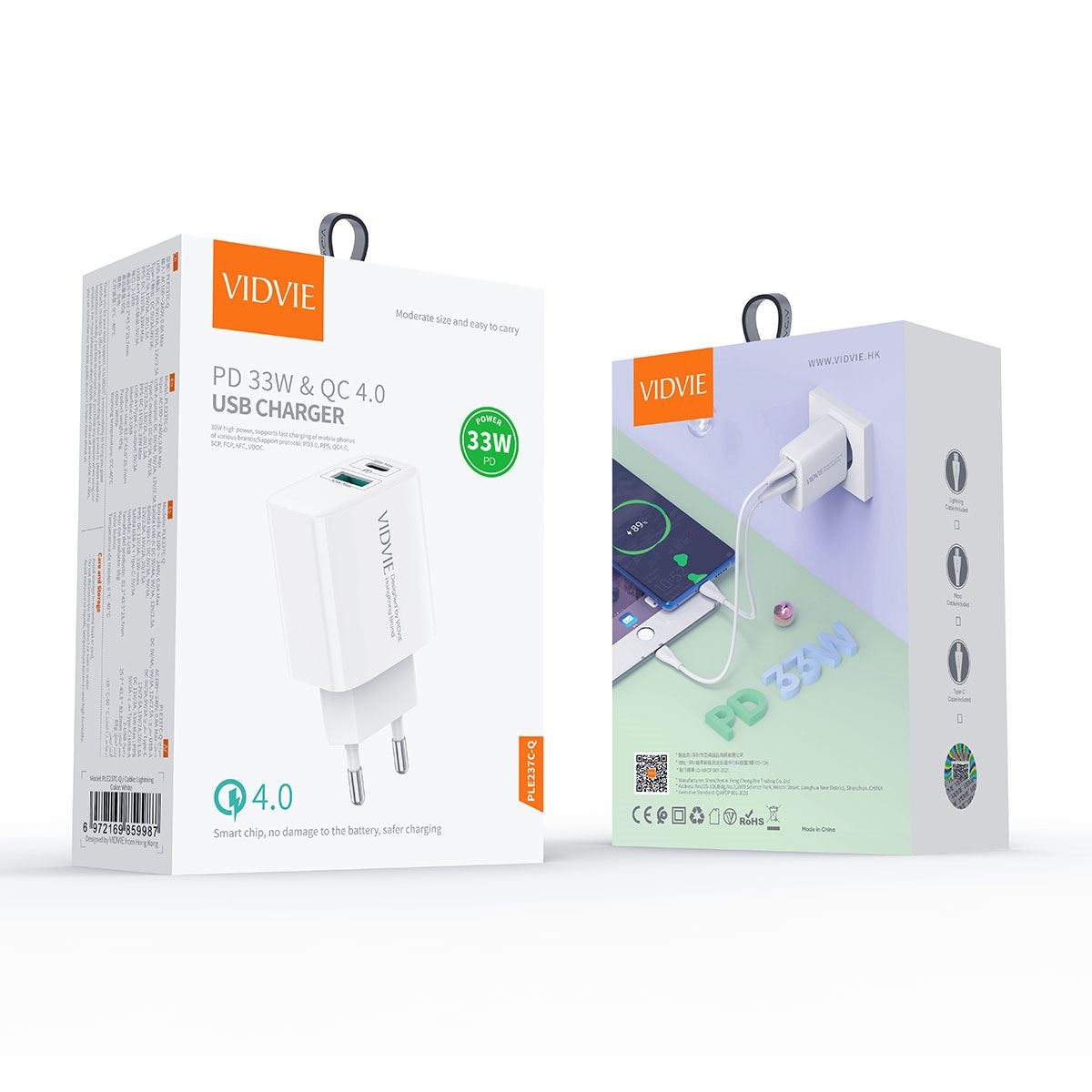 СЗУ 2в1 VIDVIE PLE237C-Q, Type-C, QC 4.0A, 1USB/1Type-C, 33W, 1.0 м, белое